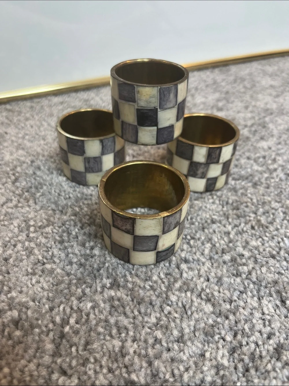 Checkerboard Napkin Rings Ivory and Gray Set of 5